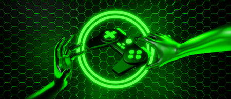 hand backgound video game of esports scifi gaming cyberpunk, vr virtual reality simulation and...