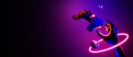 hand holding joystick video game of esports scifi gaming cyberpunk, vr virtual reality simulation...