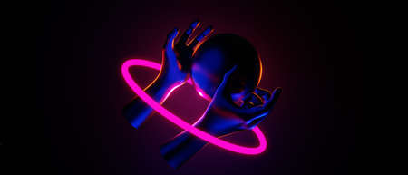 hand backgound video game of esports scifi gaming cyberpunk, vr virtual reality simulation and metaverse, scene stand pedestal stage, 3d illustration rendering, futuristic neon glow roomの写真素材