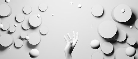 empty pedestal podium stage and hand figure mannequin room for cosmetic & jewelry product showcase, 3d illustration rendering, light and shadow scene concreteの写真素材