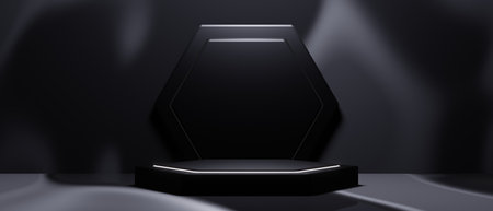 black podium stage pedestal for cosmetic product showcase scene, 3d illustration renderingの写真素材