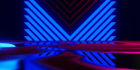 abstract backgound video game of esports scifi gaming cyberpunk, vr virtual reality simulation and metaverse, scene stand pedestal stage, 3d illustration rendering, futuristic neon glow roomの写真素材