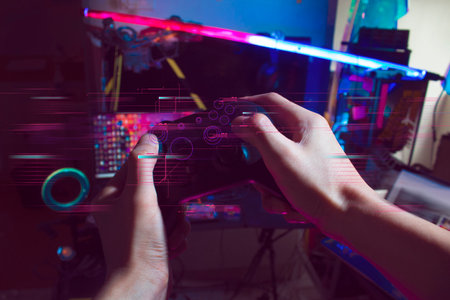 gamer playing the online game with joystick controller in neon glow dark cyberpunk room, gaming and...