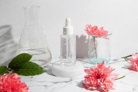 mockup tube bottle for skin care cosmetic with water splash and flower, product branding, serum dropper cream lotion treatmentの写真素材