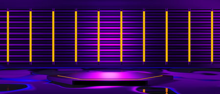abstract backgound video game of esports scifi gaming cyberpunk, vr virtual reality simulation and metaverse, scene stand pedestal stage, 3d illustration rendering, futuristic neon glow roomの写真素材