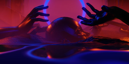 abstract backgound video game of esports scifi gaming cyberpunk, vr virtual reality simulation and metaverse, scene stand pedestal stage, 3d illustration rendering, futuristic neon glow roomの写真素材