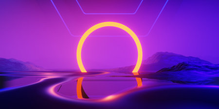 abstract backgound video game of esports scifi gaming cyberpunk, vr virtual reality simulation and metaverse, scene stand pedestal stage, 3d illustration rendering, futuristic neon glow roomの写真素材