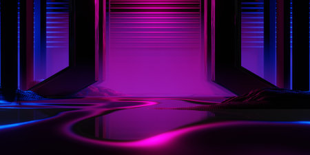 abstract backgound video game of esports scifi gaming cyberpunk, vr virtual reality simulation and metaverse, scene stand pedestal stage, 3d illustration rendering, futuristic neon glow roomの写真素材