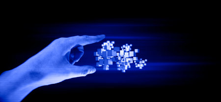 businessman hand holding holographic of  metaverse network on black background, metaverse internet social online technology, digital cryptocurrency coinの写真素材