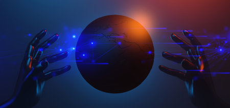 robot ai hand holding holographic of  globe metaverse network, metaverse internet social online technology, 3d illustration renderingの写真素材