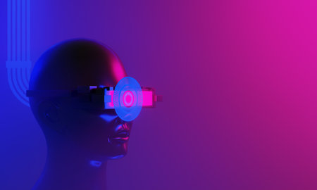 vr ar headset with robot ai, head 3d illustration rendering of futuristic cyberpunk city, gaming wallpaper scifi background, metaverse technologyの写真素材