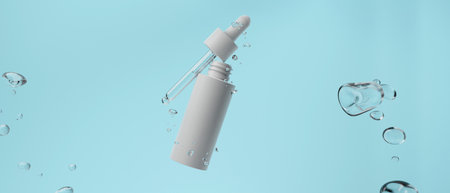 skin care serum cream lotion cosmetic bottle, 3d rendering illustration mockup, medical spa  treatment product packaging with water splashの写真素材