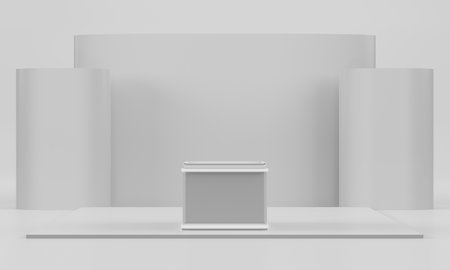 3d booth illustration rendering, Exhibition stand event for mockup a Display design, trade show for retail product on white backgroundの写真素材