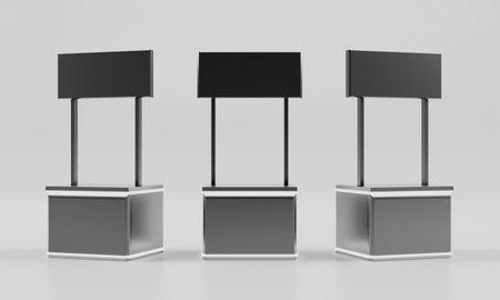 3d booth illustration rendering, Exhibition stand event for mockup a Display design, trade show for retail product on white backgroundの写真素材