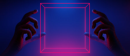 3d illustration rendering of futuristic cyberpunk city, gaming wallpaper scifi stage pedestal with robot hand background, a esports gamer vs banner sign of neon glowの写真素材