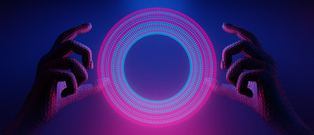 3d illustration rendering of futuristic cyberpunk city, gaming wallpaper scifi stage pedestal with robot hand background, a esports gamer vs banner sign of neon glowの写真素材