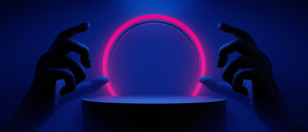 3d illustration rendering of futuristic cyberpunk city, gaming wallpaper scifi stage pedestal with...