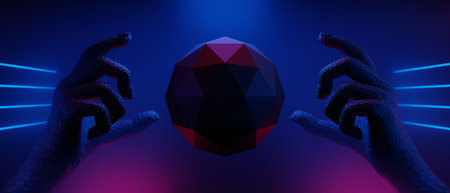3d illustration rendering of futuristic cyberpunk city, gaming wallpaper scifi stage pedestal with robot hand background, a esports gamer vs banner sign of neon glowの写真素材