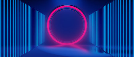 3d illustration rendering of futuristic cyberpunk city, gaming wallpaper scifi stage pedestal background, a esports gamer vs banner sign of neon glowの写真素材