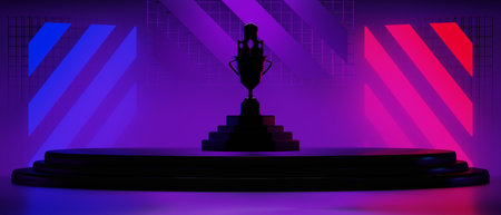 3d illustration rendering of futuristic cyberpunk city, esports champion cup of gaming scifi stage display pedestal background, gamer banner sign of neon glow stand podiumの写真素材