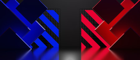 3d illustration rendering of futuristic cyberpunk, esports champion cup of gaming scifi stage display pedestal background, gamer banner sign of red blue team battle  stand podiumの写真素材