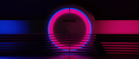 3d illustration rendering of futuristic cyberpunk city, gaming scifi stage display pedestal background, gamer banner sign of neon glow stand podiumの写真素材