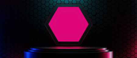 3d illustration rendering of futuristic cyberpunk city, gaming scifi stage display pedestal background, gamer banner sign of neon glow stand podiumの写真素材