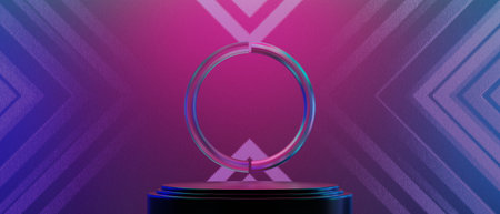 3d illustration rendering of futuristic cyberpunk display, gaming scifi stage pedestal background, gamer banner sign of neon glow stand podium for productの写真素材