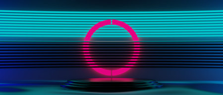 3d illustration rendering of futuristic cyberpunk display, gaming scifi stage pedestal background, gamer banner sign of neon glow stand podium for productの写真素材