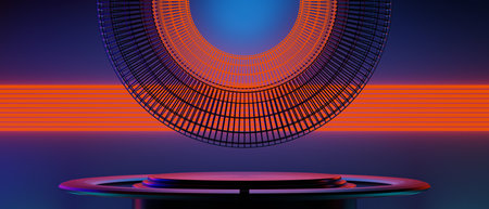 3d illustration rendering of futuristic cyberpunk display, gaming scifi stage pedestal background, gamer banner sign of neon glow stand podium for productの写真素材