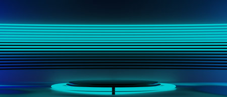 3d illustration rendering of futuristic cyberpunk display, gaming scifi stage pedestal background, gamer banner sign of neon glow stand podium for productの写真素材