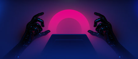3d illustration rendering of technology futuristic cyberpunk display, gaming scifi stage pedestal...