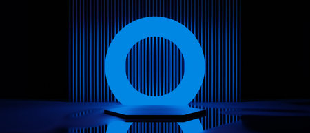 3d illustration rendering of technology futuristic cyberpunk display, gaming scifi stage pedestal background, gamer banner sign of neon glow stand podium for productの写真素材