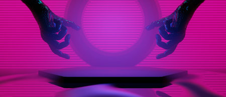 3d illustration rendering of technology futuristic cyberpunk display, gaming scifi stage pedestal...