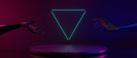 3d illustration rendering of robot hand technology futuristic cyberpunk display, gaming scifi stage pedestal background, gamer banner sign of neon glow stand podiumの写真素材
