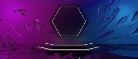 3d illustration rendering of technology futuristic cyberpunk display, gaming scifi stage pedestal background, gamer banner sign of neon glow stand podium for productの写真素材