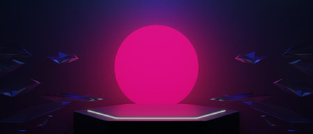 3d illustration rendering of technology futuristic cyberpunk display, gaming scifi stage pedestal background, gamer banner sign of neon glow stand podium for productの写真素材