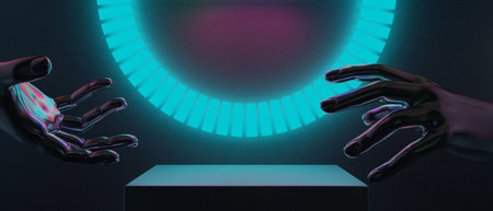 3d illustration rendering of technology futuristic cyberpunk display, gaming scifi stage pedestal...