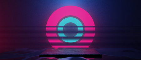 3d illustration rendering of technology futuristic cyberpunk display, gaming scifi stage pedestal background, gamer banner sign of neon glow stand podium for productの写真素材