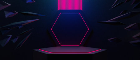 3d illustration rendering of technology futuristic cyberpunk display, gaming scifi stage pedestal background, gamer banner sign of neon glow stand podium for productの写真素材