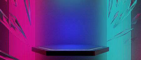 3d illustration rendering of technology futuristic cyberpunk display, gaming scifi stage pedestal background, gamer banner sign of neon glow stand podium for productの写真素材
