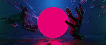 3d illustration rendering of technology futuristic cyberpunk display, gaming scifi stage pedestal background, gamer banner sign of neon glow stand podium for productの写真素材