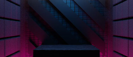3d illustration rendering of technology futuristic cyberpunk display, gaming scifi stage pedestal background, gamer banner sign of neon glow stand podium for productの写真素材