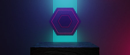 3d illustration rendering of technology futuristic cyberpunk display, gaming scifi stage pedestal background, gamer banner sign of neon glow stand podium for productの写真素材