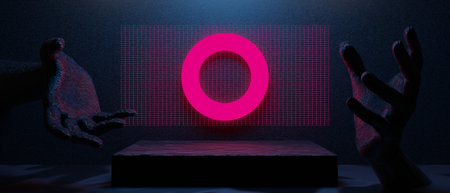 3d illustration rendering of technology futuristic cyberpunk display, gaming scifi stage pedestal background, gamer banner sign of neon glow stand podium for productの写真素材
