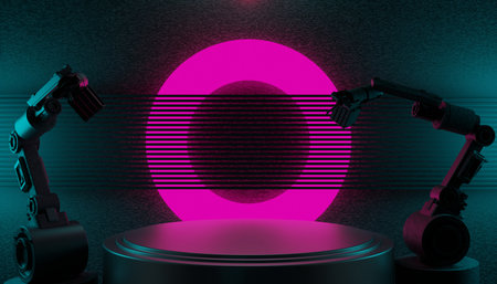 3d illustration rendering of technology futuristic cyberpunk display, gaming scifi stage pedestal...
