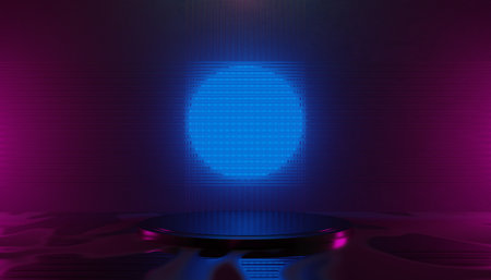 3d illustration rendering of technology futuristic cyberpunk display, gaming scifi stage pedestal background, gamer banner sign of neon glow stand podium for product saleの写真素材