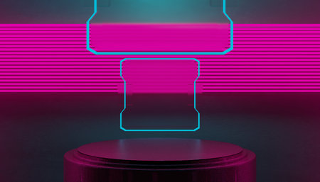 3d illustration rendering of technology futuristic cyberpunk display, gaming scifi stage pedestal background, gamer banner sign of neon glow stand podium for product saleの写真素材