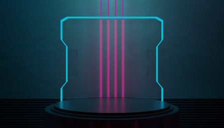3d illustration rendering of technology futuristic cyberpunk display, gaming scifi stage pedestal background, gamer banner sign of neon glow stand podium for product saleの写真素材
