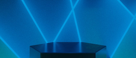 3d illustration rendering of technology futuristic cyberpunk display, gaming scifi stage pedestal background, gamer banner sign of neon glow stand podium for product saleの写真素材